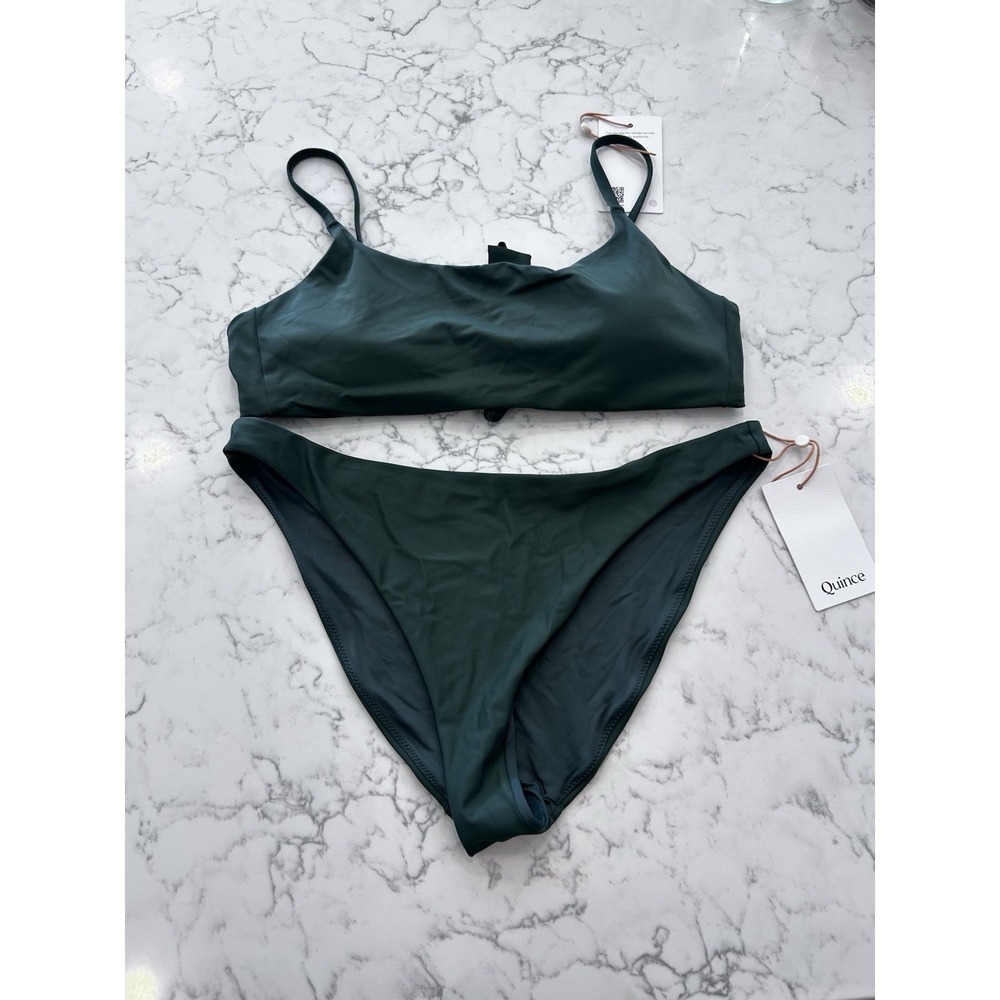 NWT Quince Palm Green Italian Scoop Neck Bikini Top & Low Rise Bottom Set Medium